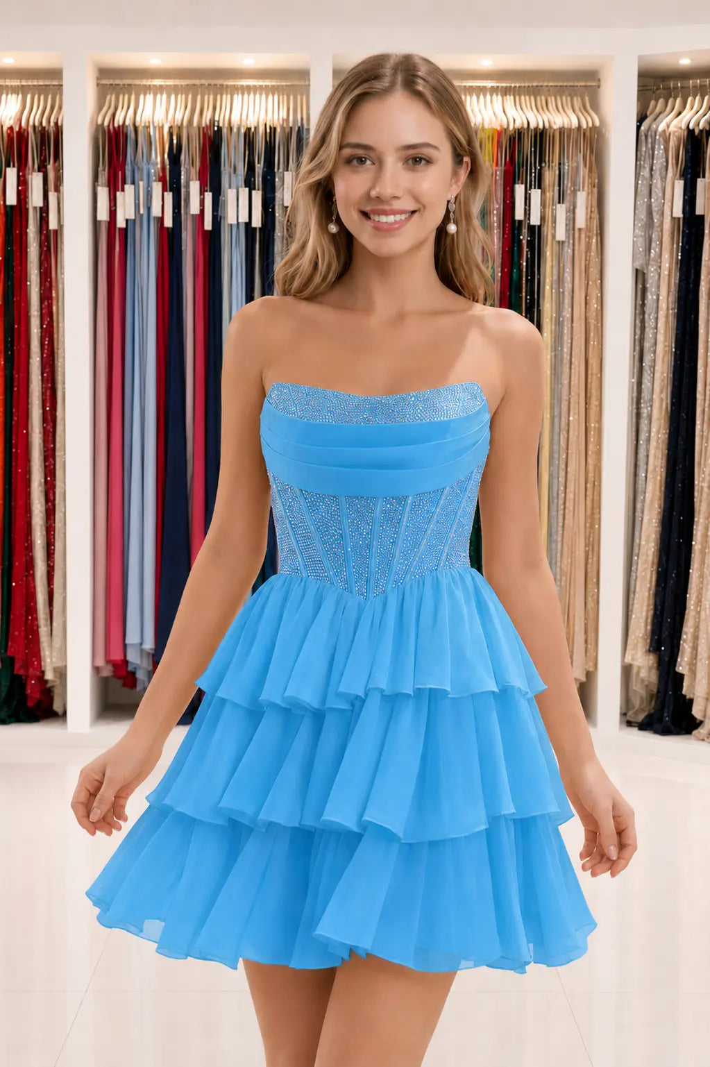 Daffodil Strapless Corset Tiered Ruffle Mini Homecoming Dress With Beading KAIDRESS