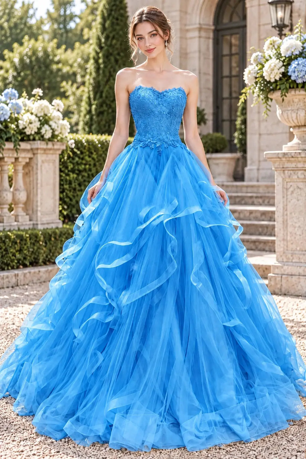 Blue Tulle Lace Long Prom Dresses Princess Layered Formal Evening Gowns
