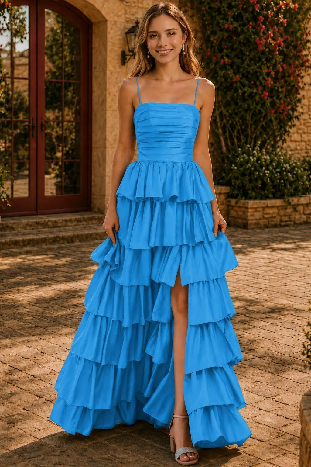 A-line Square Neckline Spaghetti Straps Floor-Length Taffeta Prom Dress with Ruffles Slit KAIDRESS