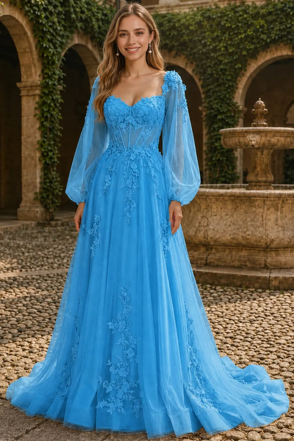A-line 3D Floral Lace Applique Tulle Long Sleeves Prom Dress