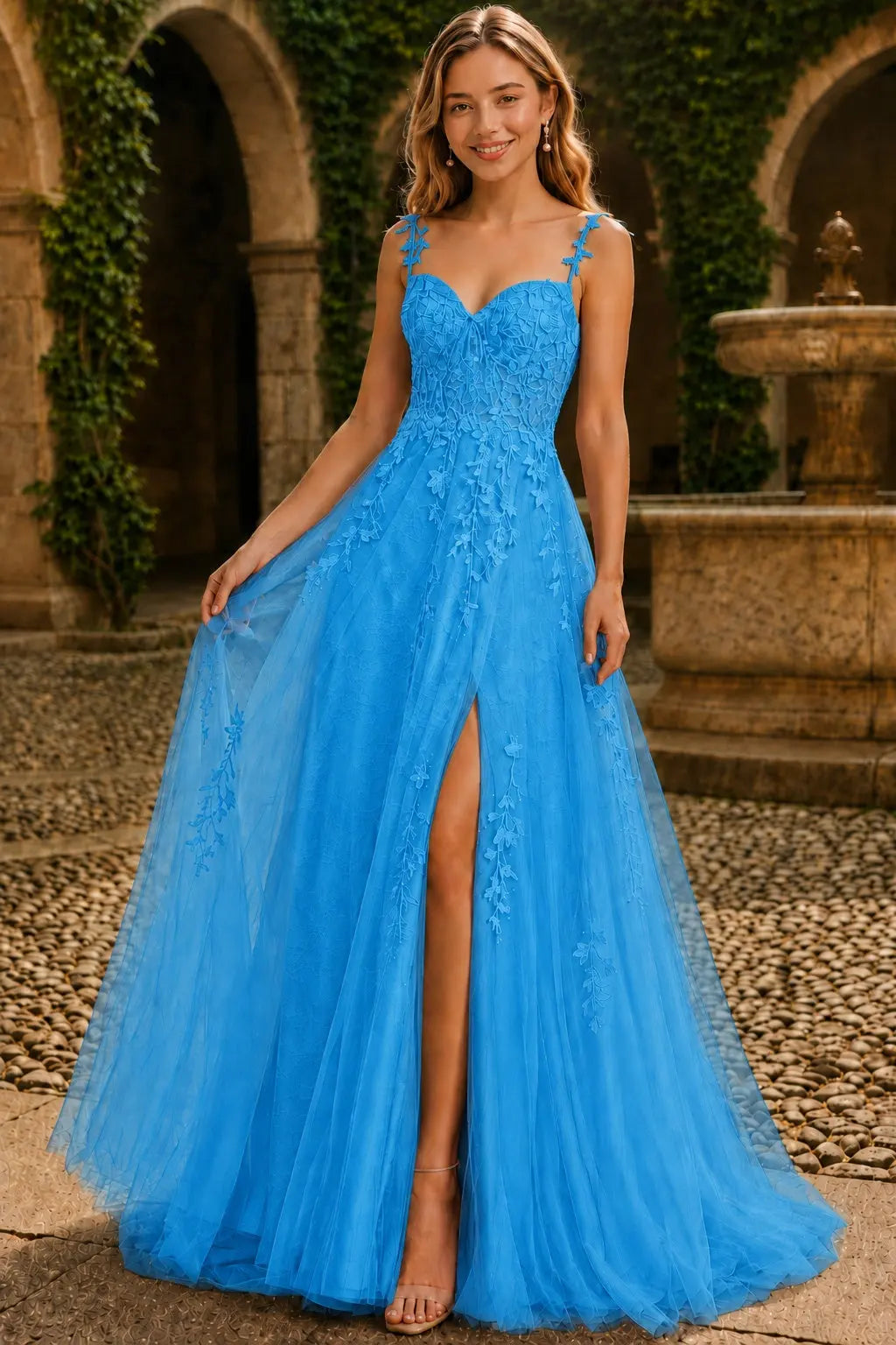 A-line V Neck Sweep Spaghetti Straps Train Tulle Prom Dress with Appliqued Beading
