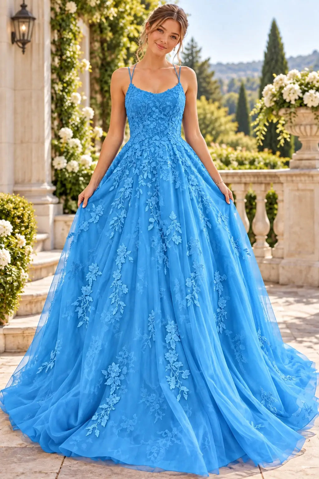 A-line Bateau Neckline Spaghetti Straps Long/Sweep Train Tulle Lace Prom Dresses