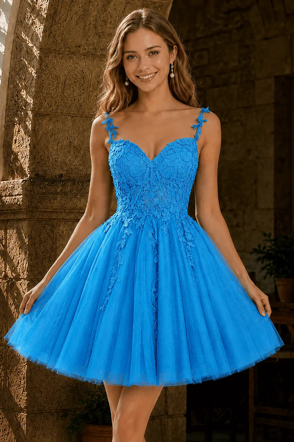 A-line V Neck Short/Mini Tulle Lace Homecoming Dress