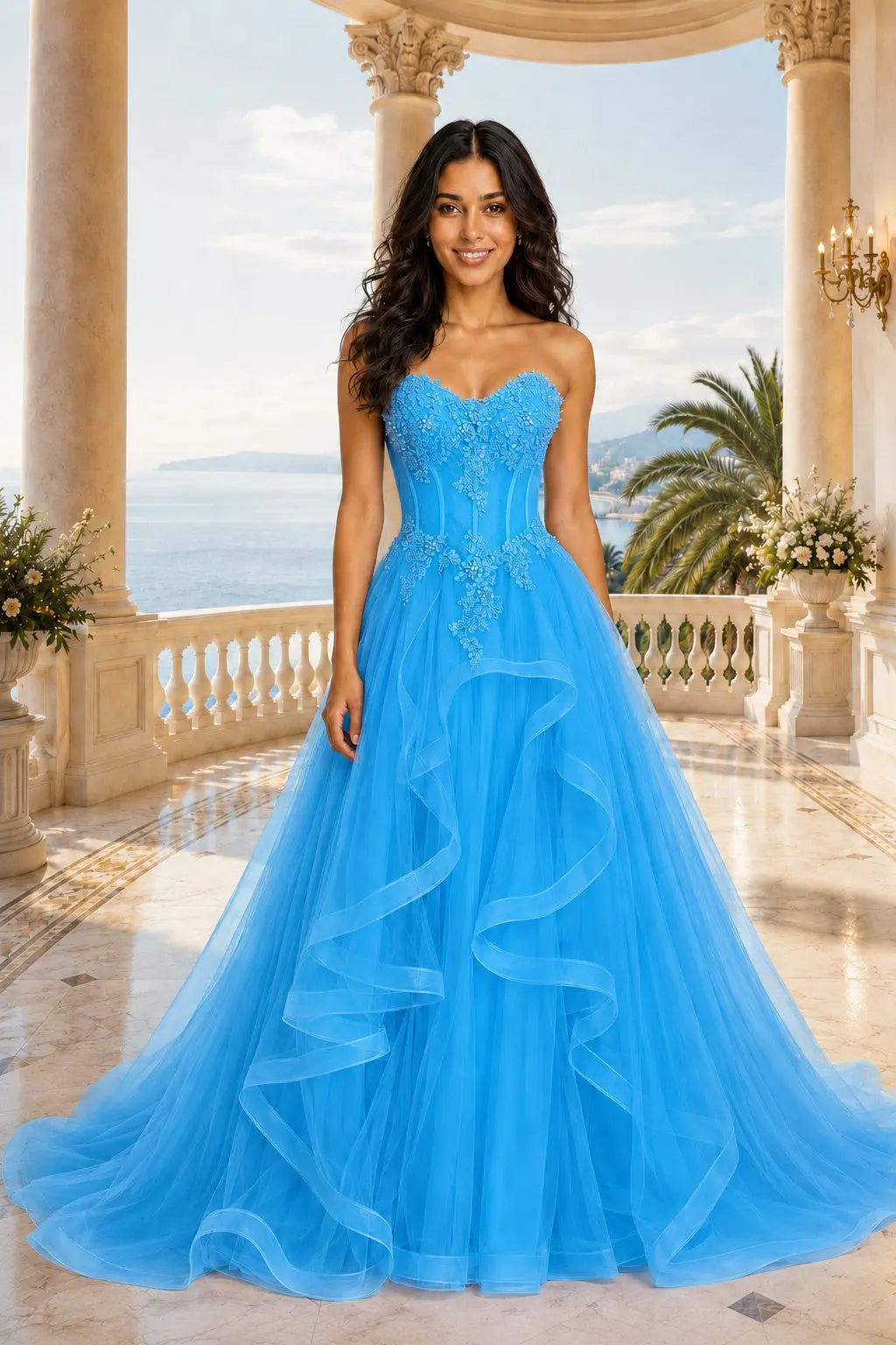 A-line/Princess Sweetheart Sleeveless Sweep Train Tulle Prom Dresses With Beading Appliqued KAIDRESS