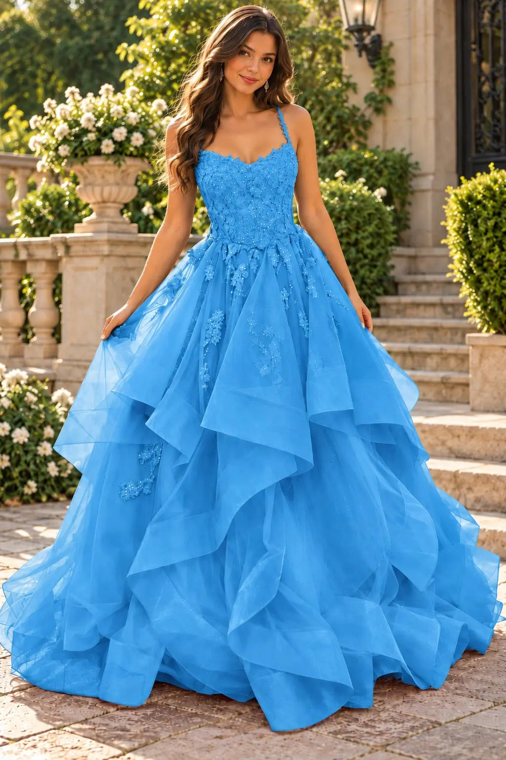 A-line Princess V Neck Floor-Length Tulle Prom Dresses with Appliqued