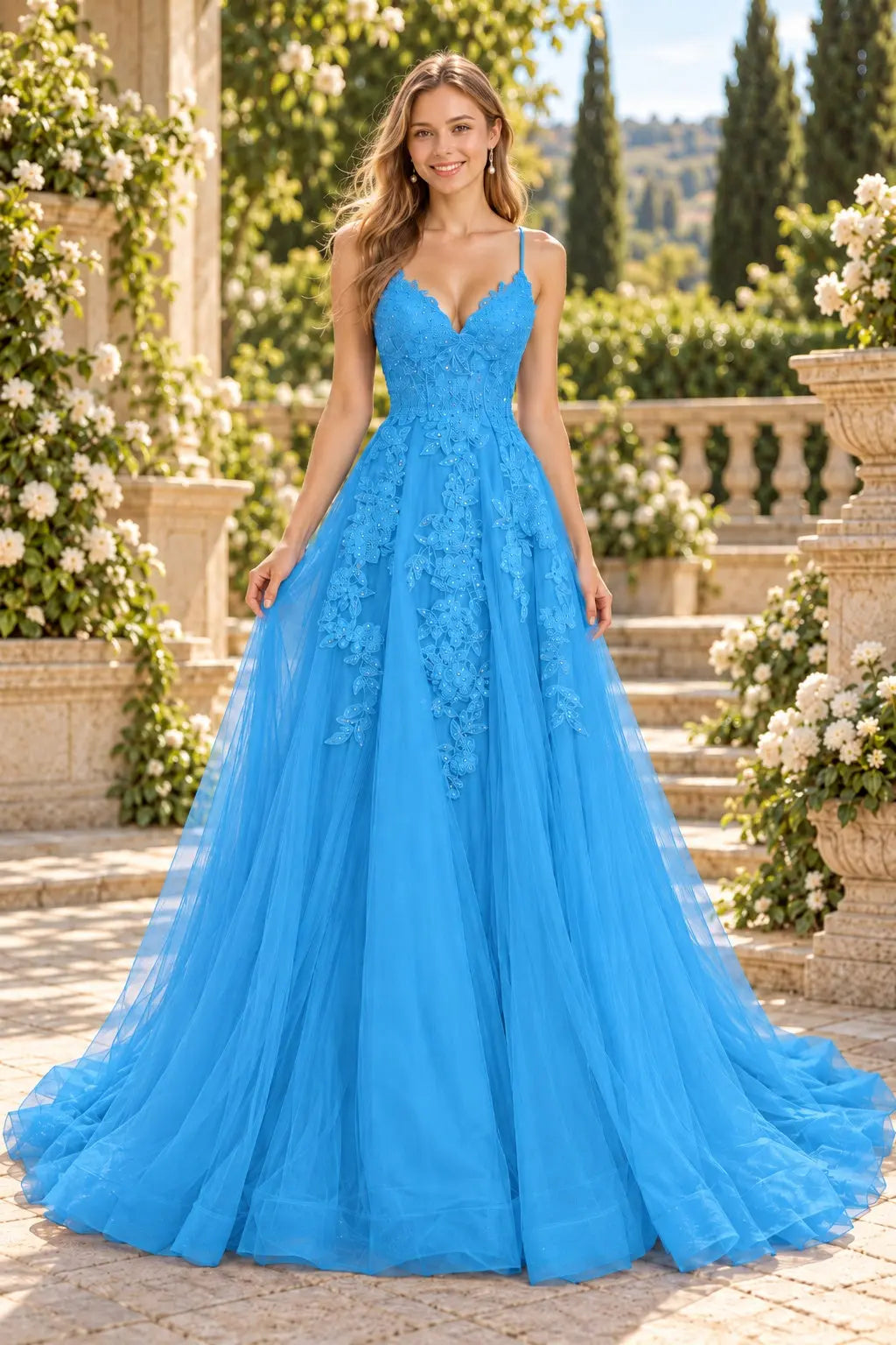 A-line V Neck Spaghetti Straps Sweep Train Tulle Prom Dress With Appliqued