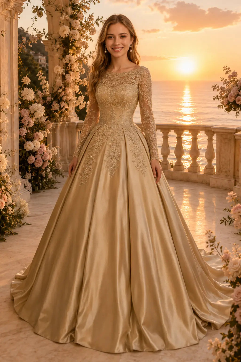 Ball Gown Long Sleeves Off-the-Shoulder Chapel Train Applique Satin Prom Dresses Kaidress