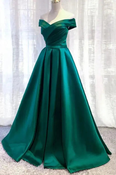 A-Line Off Shoulder Satin Green Long Prom Dress, Green Long Formal Dress - KAIDRESS