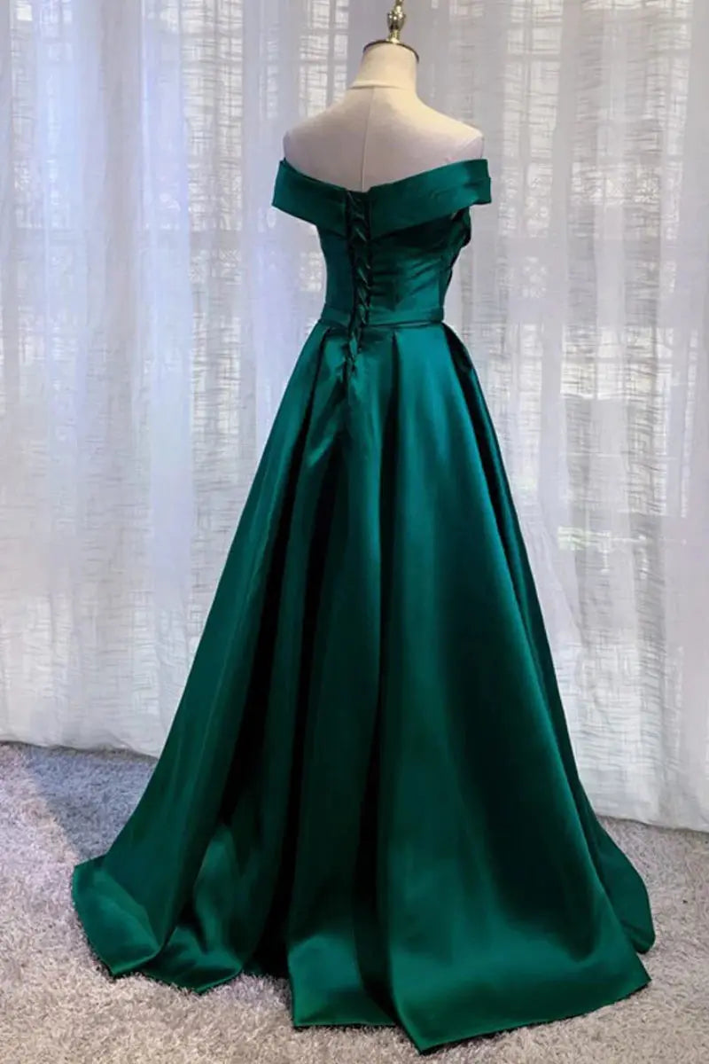 Off Shoulder Satin Green Prom Dresses Simple Long Princess Evening Gowns