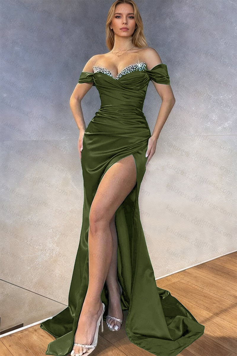 Trumpet/Mermaid Silk Off-the-Shoulder Long Prom Dresses with Slit