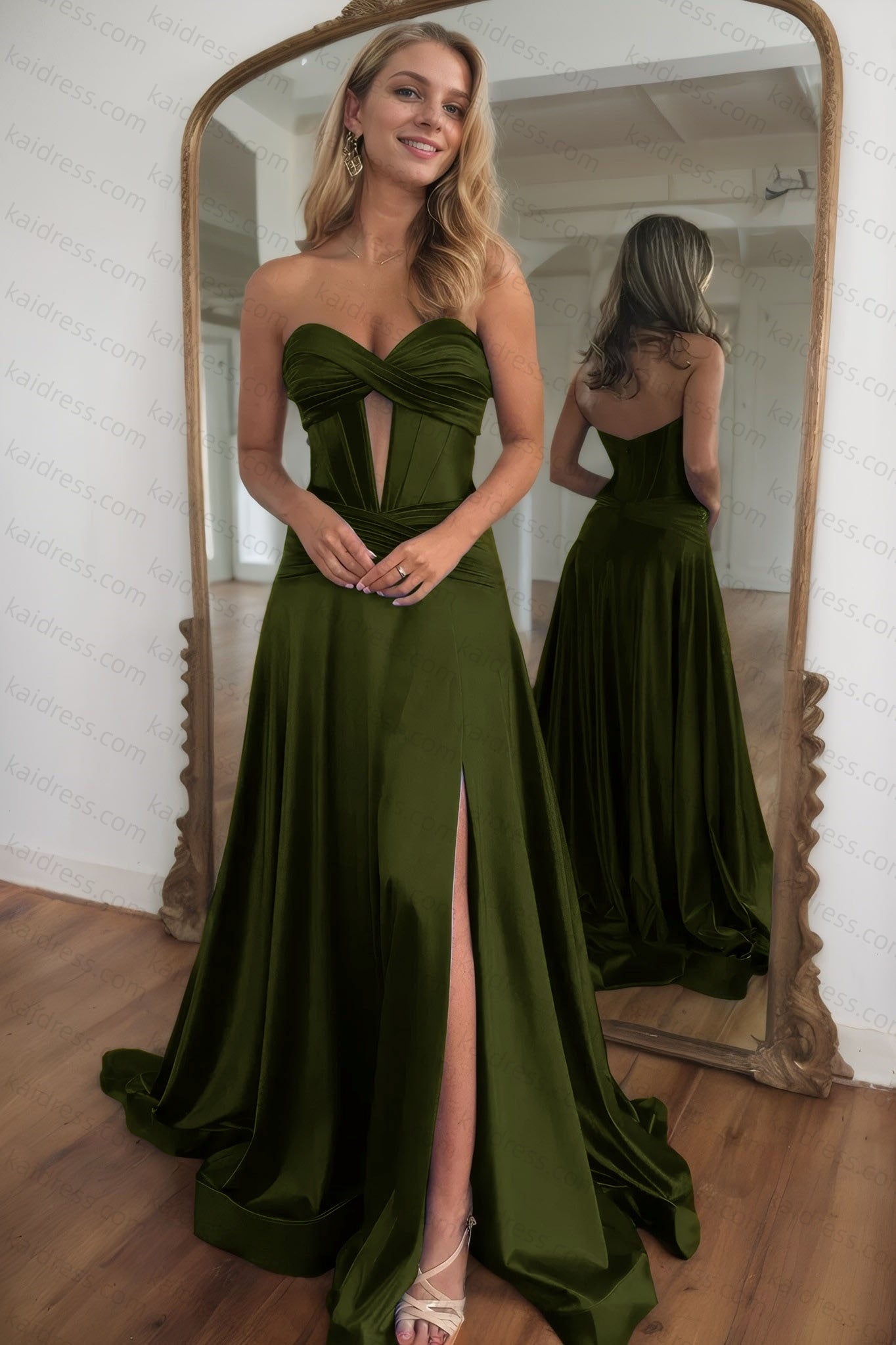 A-line Strapless Silk Long Blue Prom Dresses Elegant Evening Dress