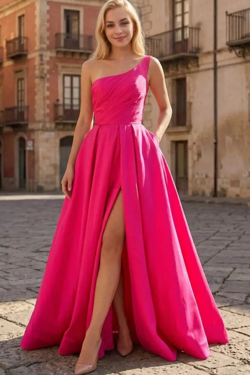 A-line Sleeveless One-Shoulder Long/Floor-Length Satin Prom Dress With Split Ruffles Pockets - KAIDRESS