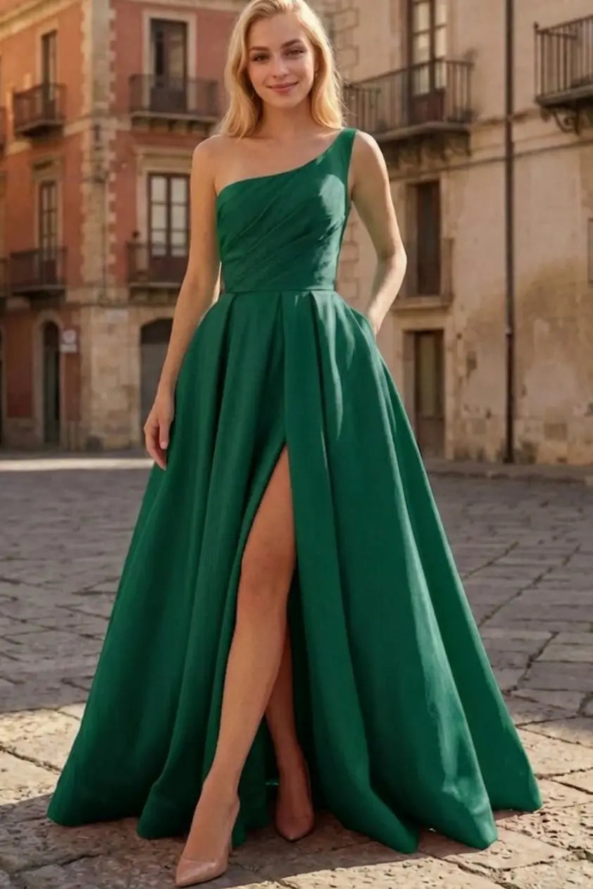 A-line Sleeveless One-Shoulder Long/Floor-Length Satin Prom Dress With Split Ruffles Pockets - KAIDRESS