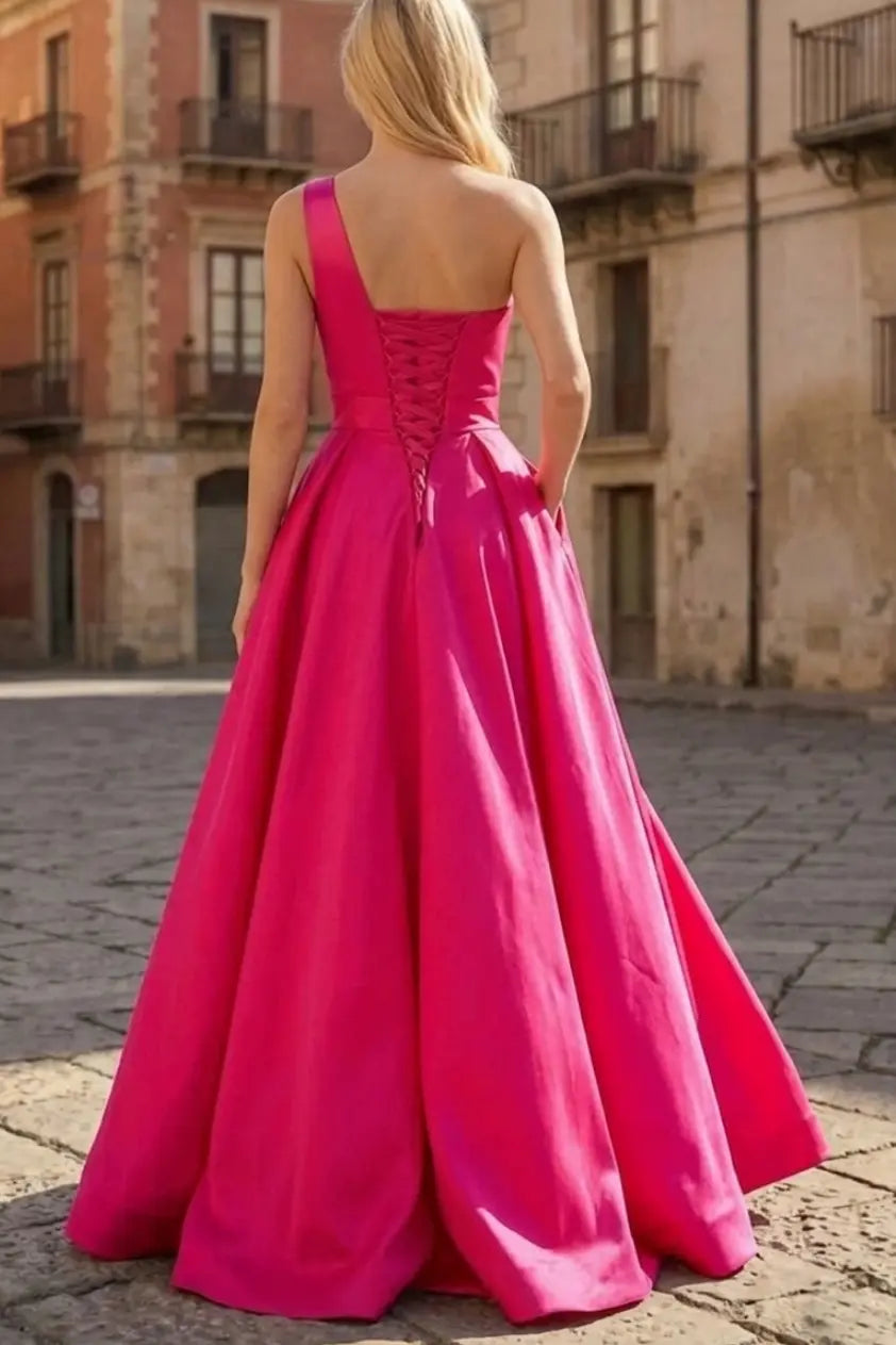 A-line Sleeveless One-Shoulder Long/Floor-Length Satin Prom Dress With Split Ruffles Pockets - KAIDRESS