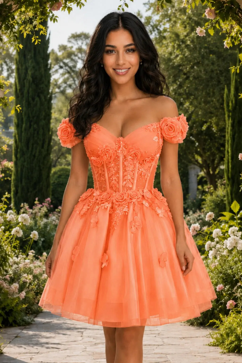 A-line Off-the-Shoulder Tulle Short/Mini Homecoming Dress with Appliqued Flowers Sequins KAIDRESS