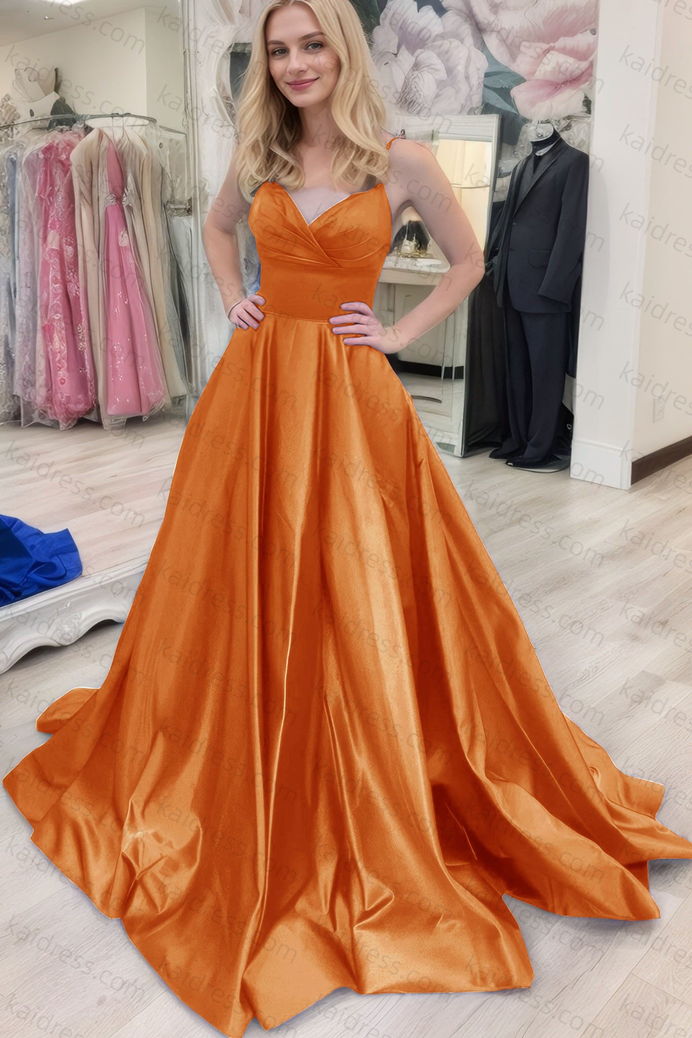 A-line V Neck Sleeveless Court Train Satin Prom Dresses With Bowknot Pleated Waistband