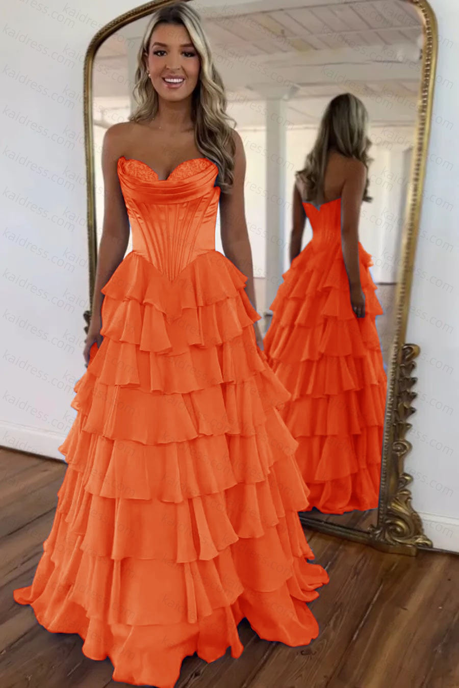 A Line Blue Sweetheart Chiffon Ruffled Long Corset Prom Dress with Slit