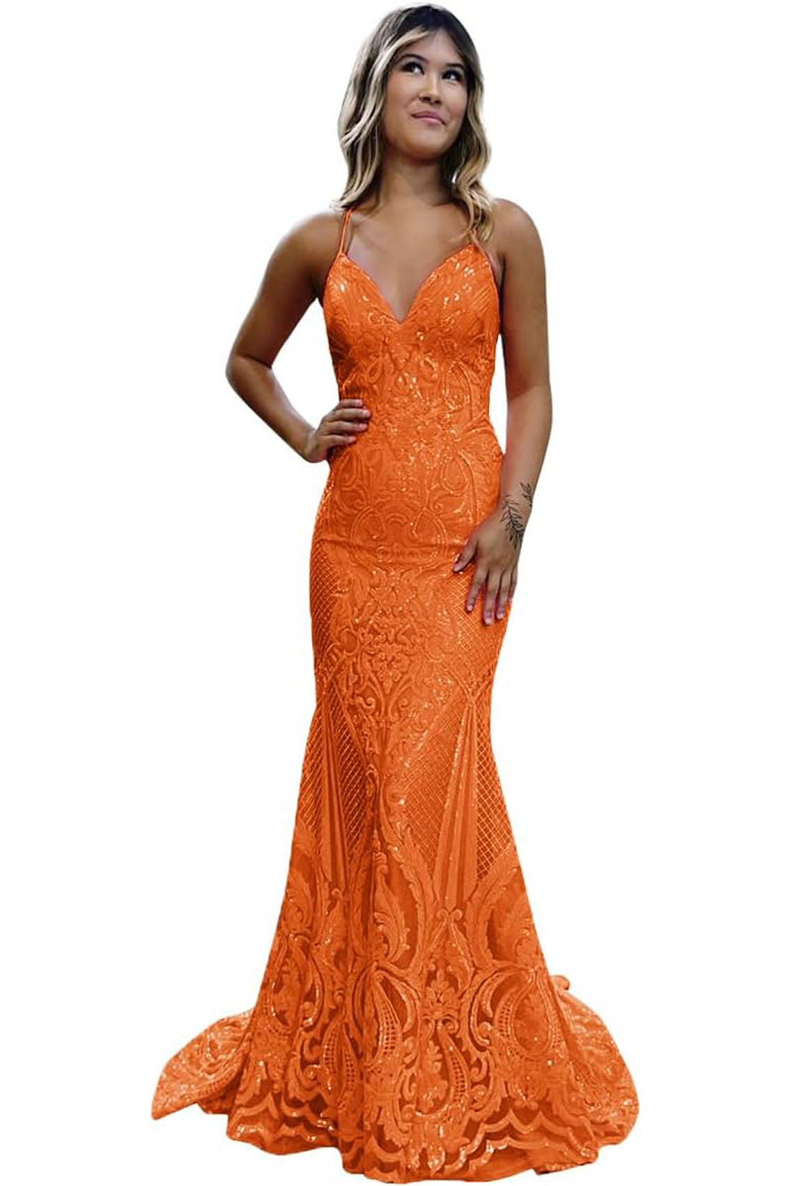 Trumpet/Mermaid V Neck Sleeveless Sweep Train Allover Sparkly Sequined Lace Prom Dress