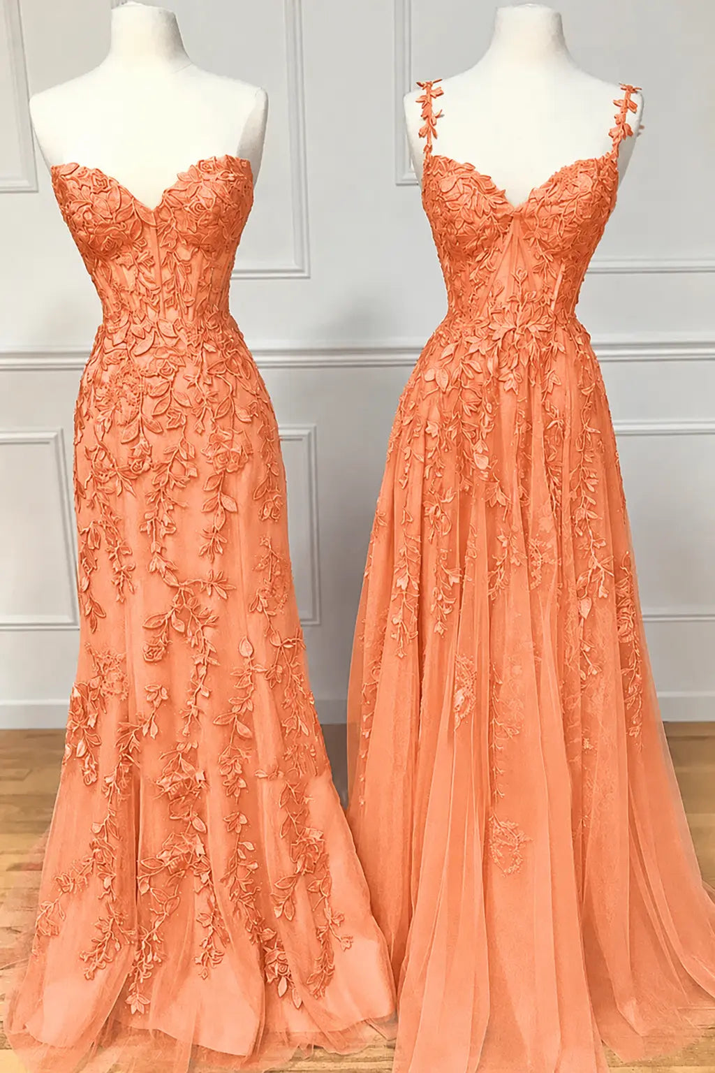 A-line Sweetheart Spaghetti Straps Sweep Train Lace Prom Dress With Beading Kaidress