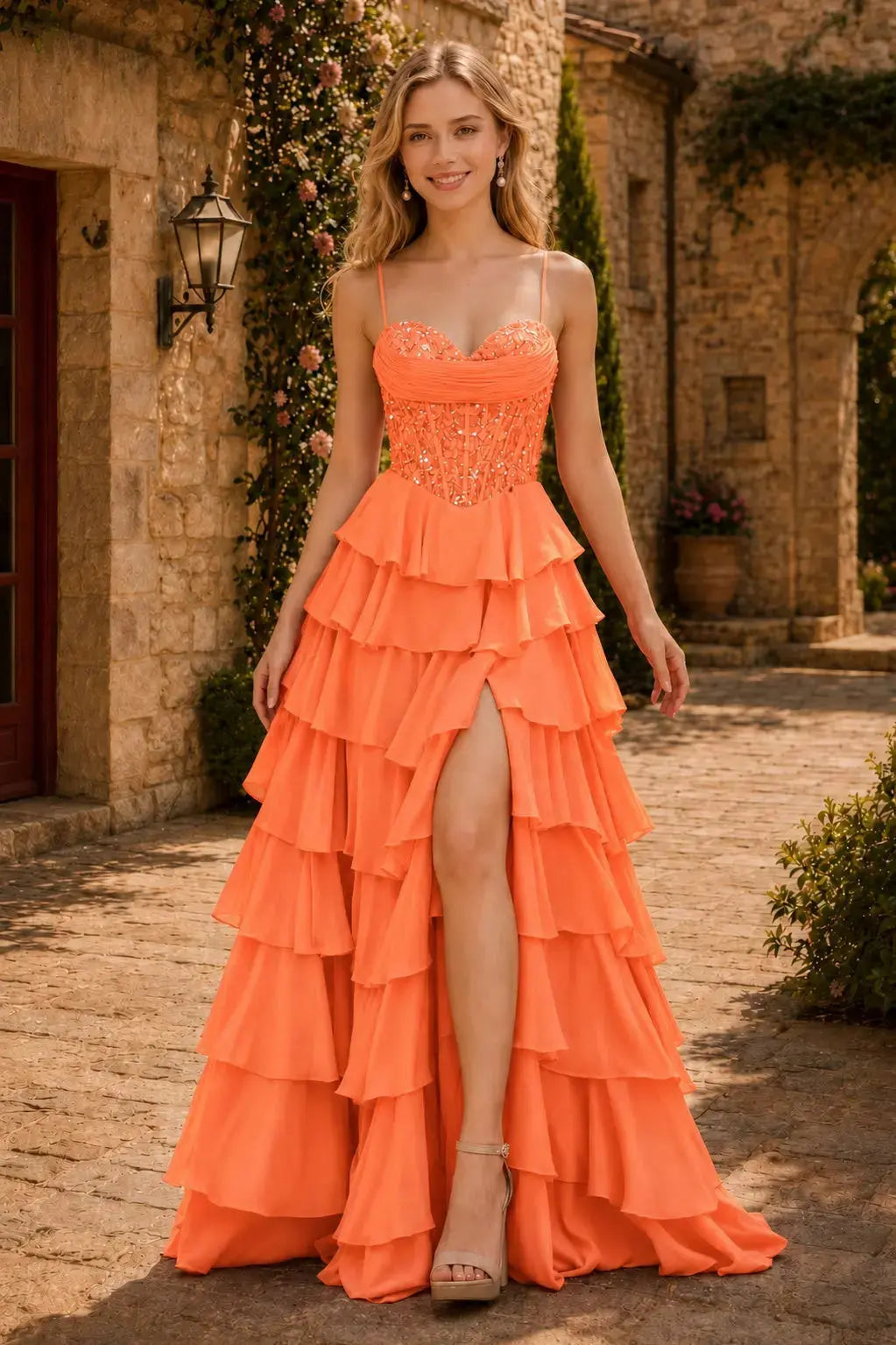 Spaghetti Straps Sweetheart Embellished Corset Chiffon Slit Ruffle Prom Dress with Detachable Straps