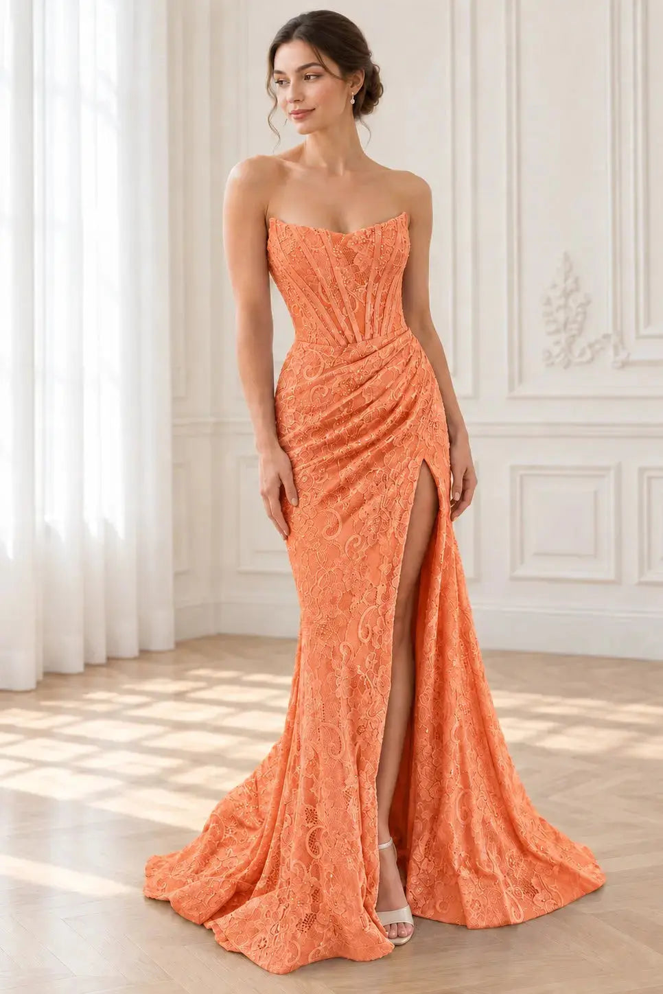 Sheath/Column Off the Shoulder Sleeveless Prom Dresses Long Lace Formal Evening Gowns KAIDRESS