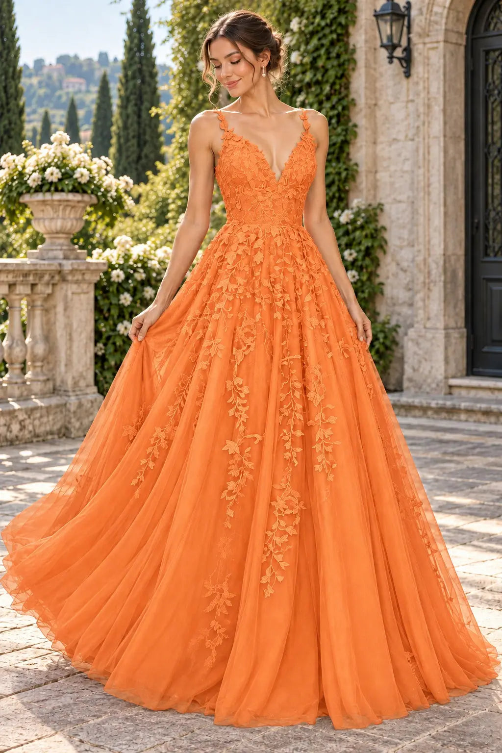 A-Line Lace Prom Dresses Long V Neck Sleeveless Formal Maxi Dress