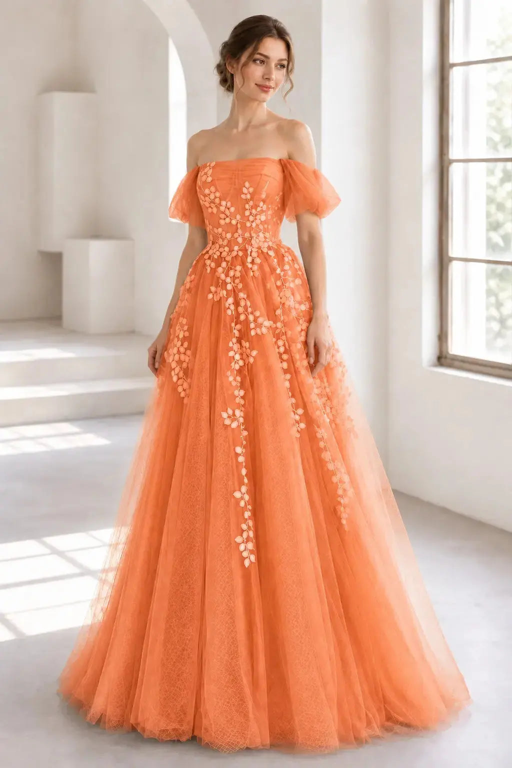 A-Line Tulle Lace Long Prom Dress Off the Shoulder Formal Evening Dress KAIDRESS