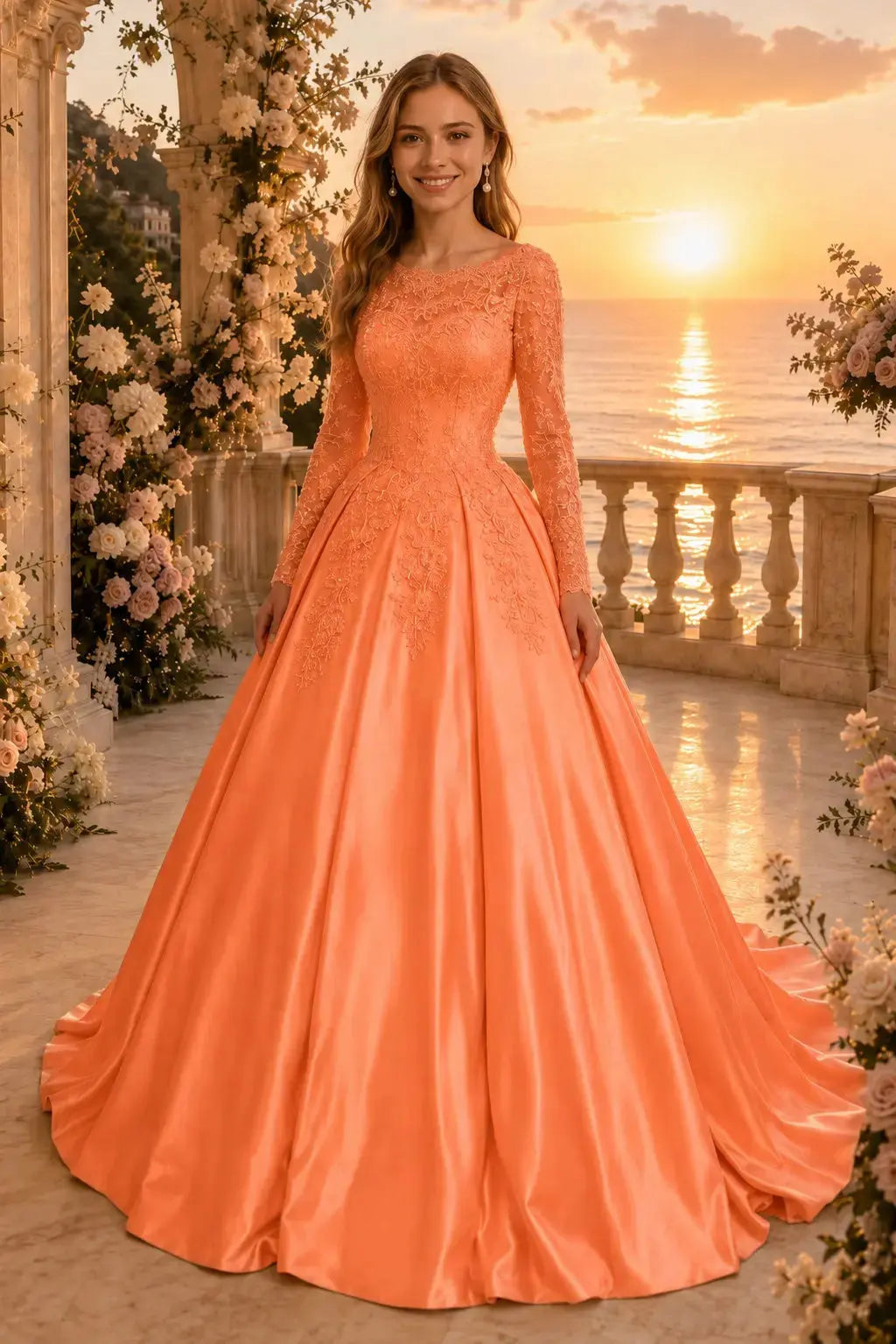 Ball Gown Long Sleeves Off-the-Shoulder Chapel Train Applique Satin Prom Dresses Kaidress