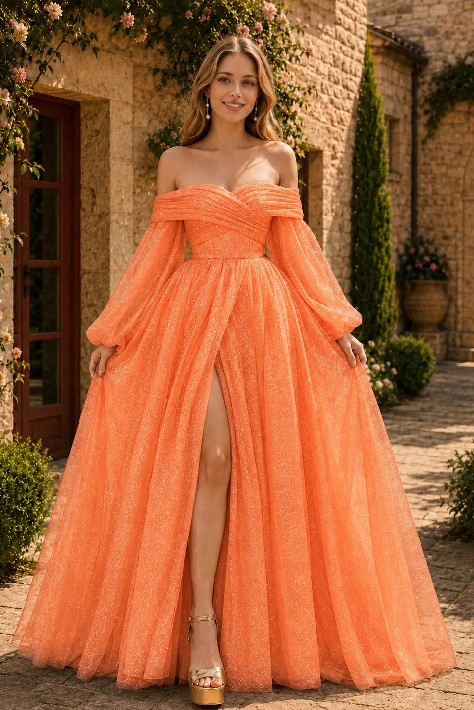 A-Line/Princess Tulle Ruched Long  Off-the-Shoulder Long Sleeves Prom Dresses Detachable Sleeves KAIDRESS