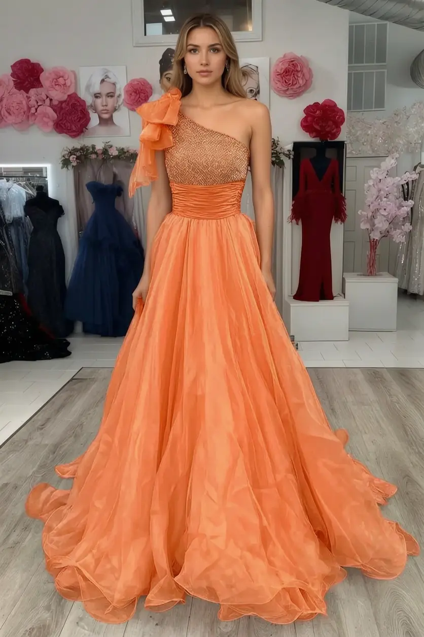 A Line Sparkly Sky Blue One Shoulder Long Prom Dress with Beading KAIDRESS