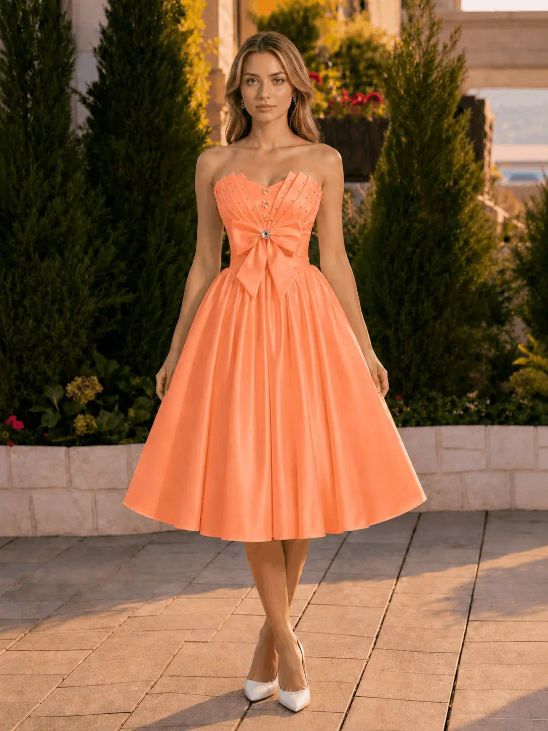A-line Sweetheart Sleeveless Knee-Length Satin Homecoming Dress with Bow KAIDRESS
