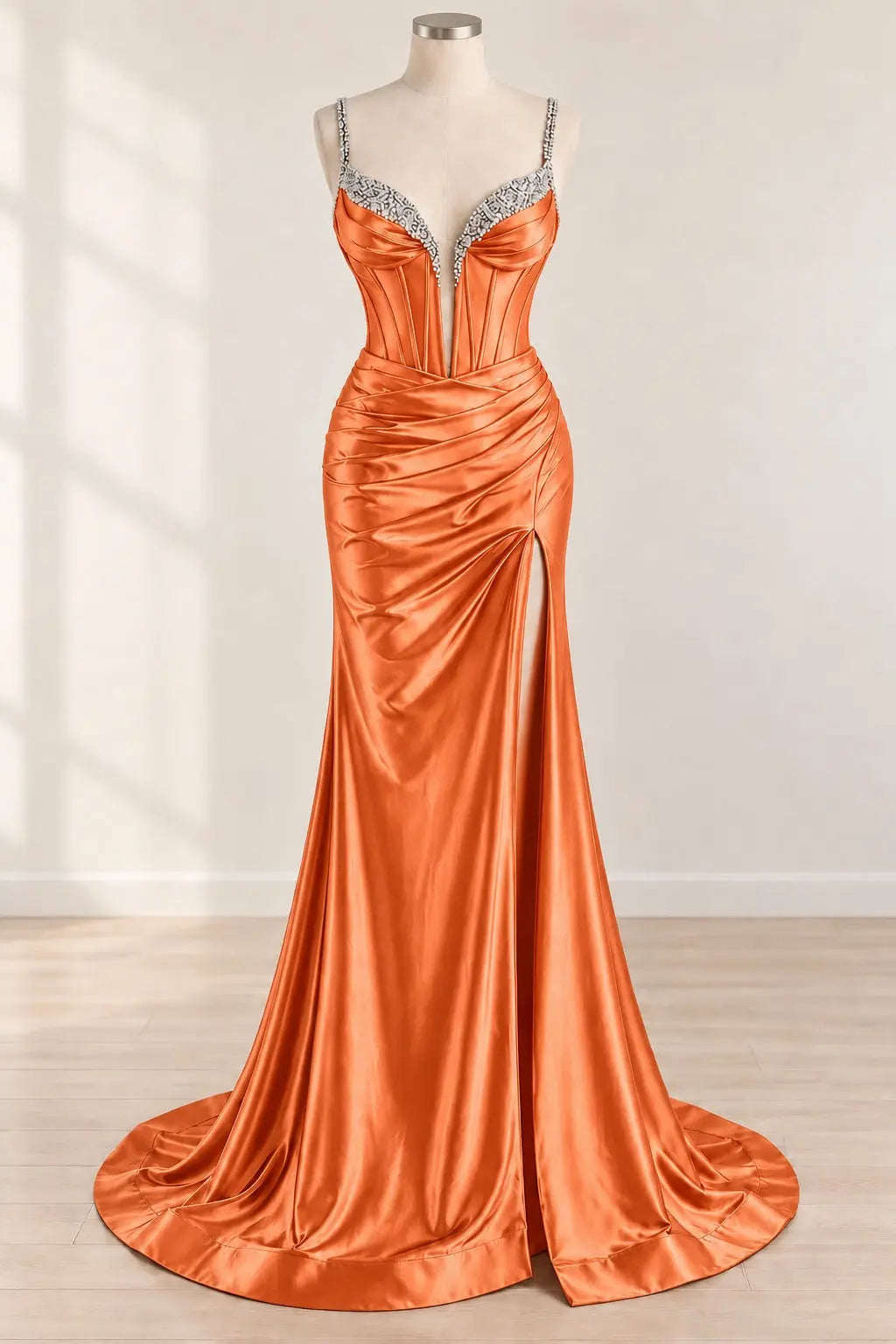 Mermaid Fuchsia Spaghetti Straps Satin Long Corset Prom Dress with Beading
