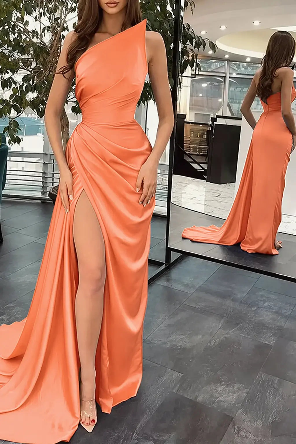 Trumpet/Mermaid Sleeveless Court Train Silk like Satin Prom Dresses with Ruffles Split KAIDRESS