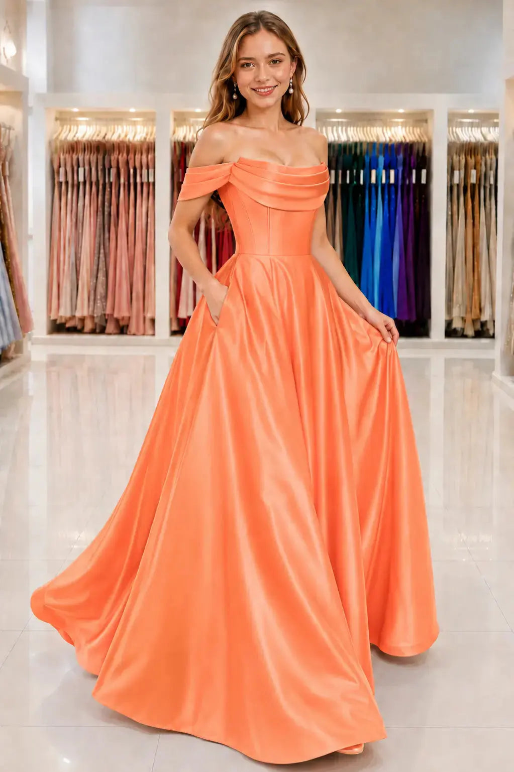 A-Line Satin Long Prom Dress, Simple Off the Shoulder Evening Party Dress With Pockets KAIDRESS
