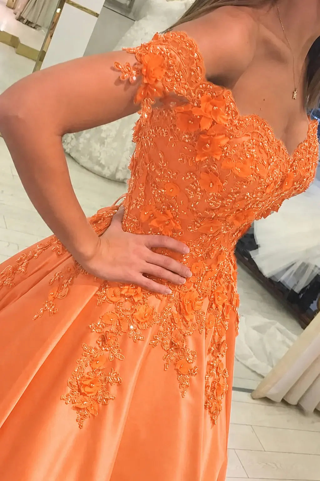 Appliqued Off-The-Shoulder Satin Princess Prom Dress With Beads