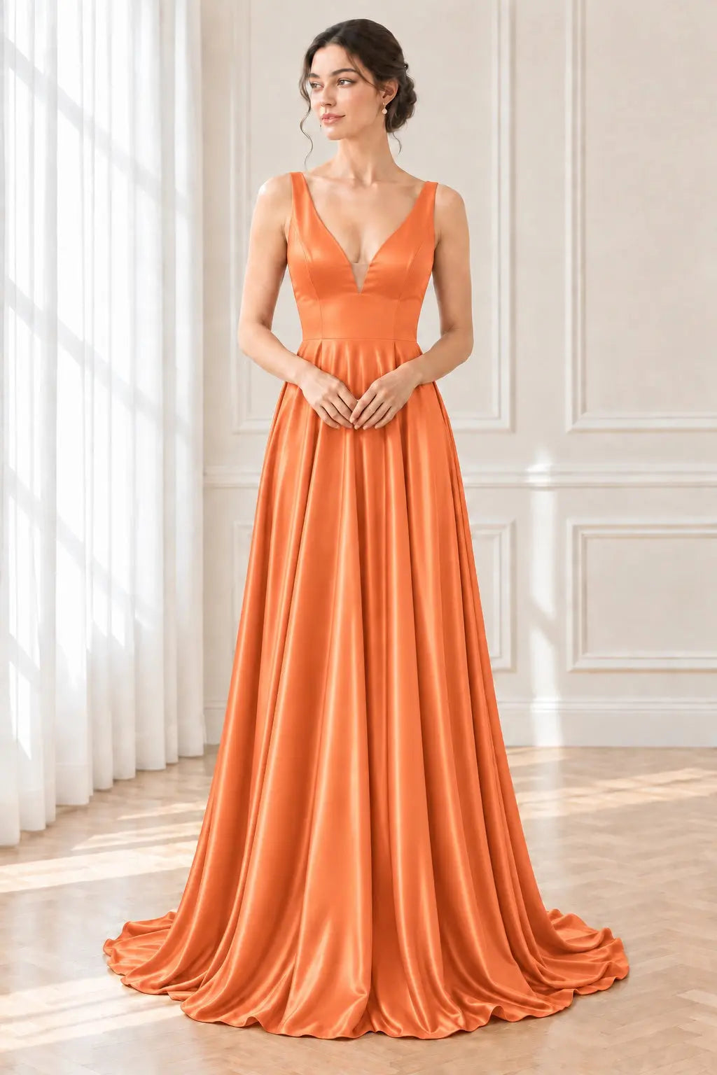A-line/Princess V Neck Sleeveless Sweep Train Charmeuse Prom Dresses