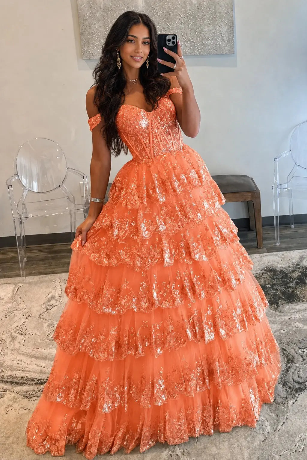 A-Line/Princess Princess Off the Shoulder Sequined Lace Prom Dress KAIDRESS