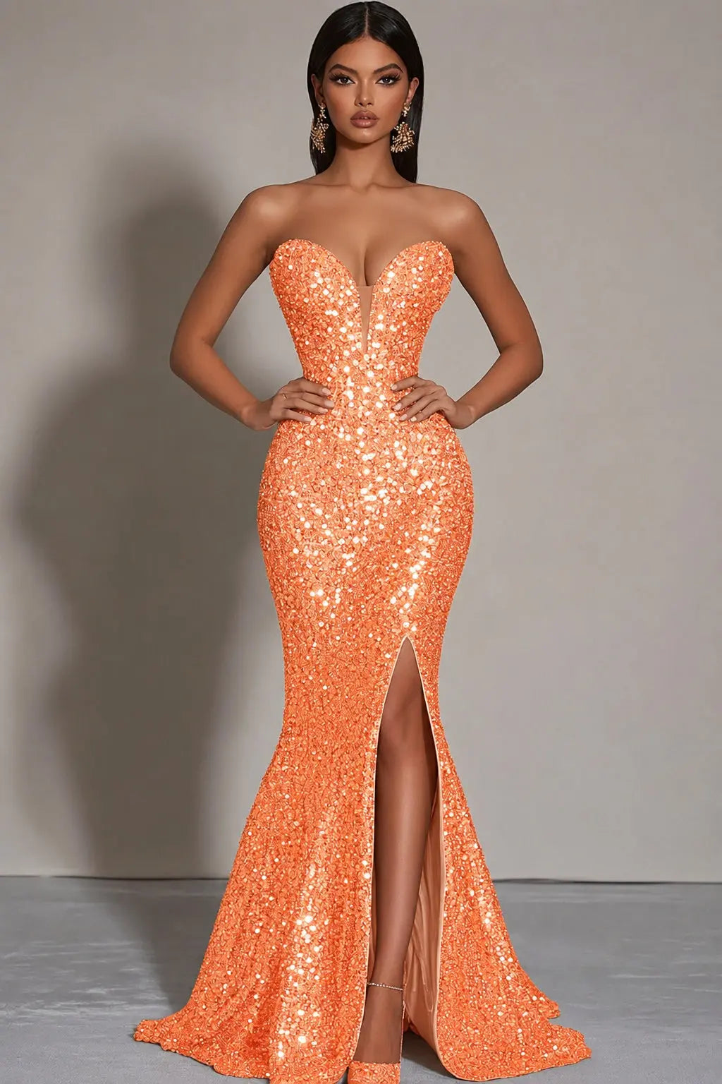 Sparkly Gold Sequins Mermaid Strapless Long Formal Dress with Slit Kaidress