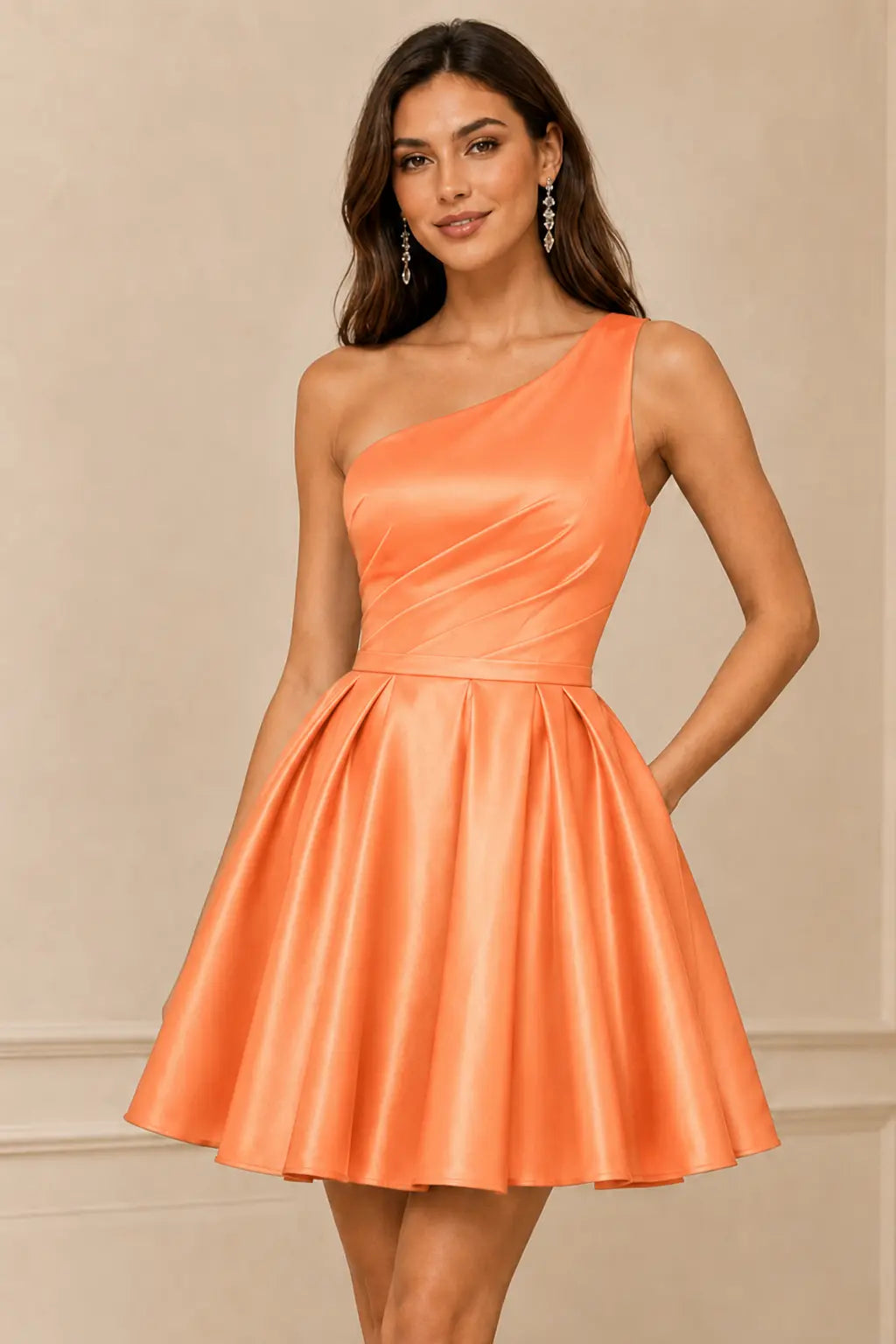 Green One Shoulder Satin Mini A Line Homecoming Dress With Pockets KAIDRESS
