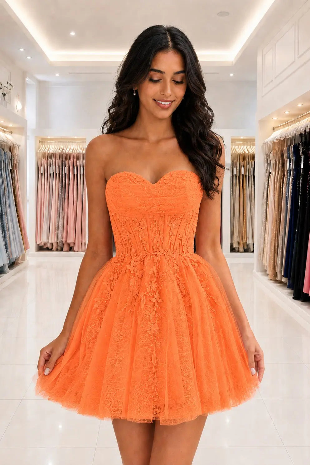 Strapless Beaded Lace Corset A-Line Mini Homecoming Dress KAIDRESS
