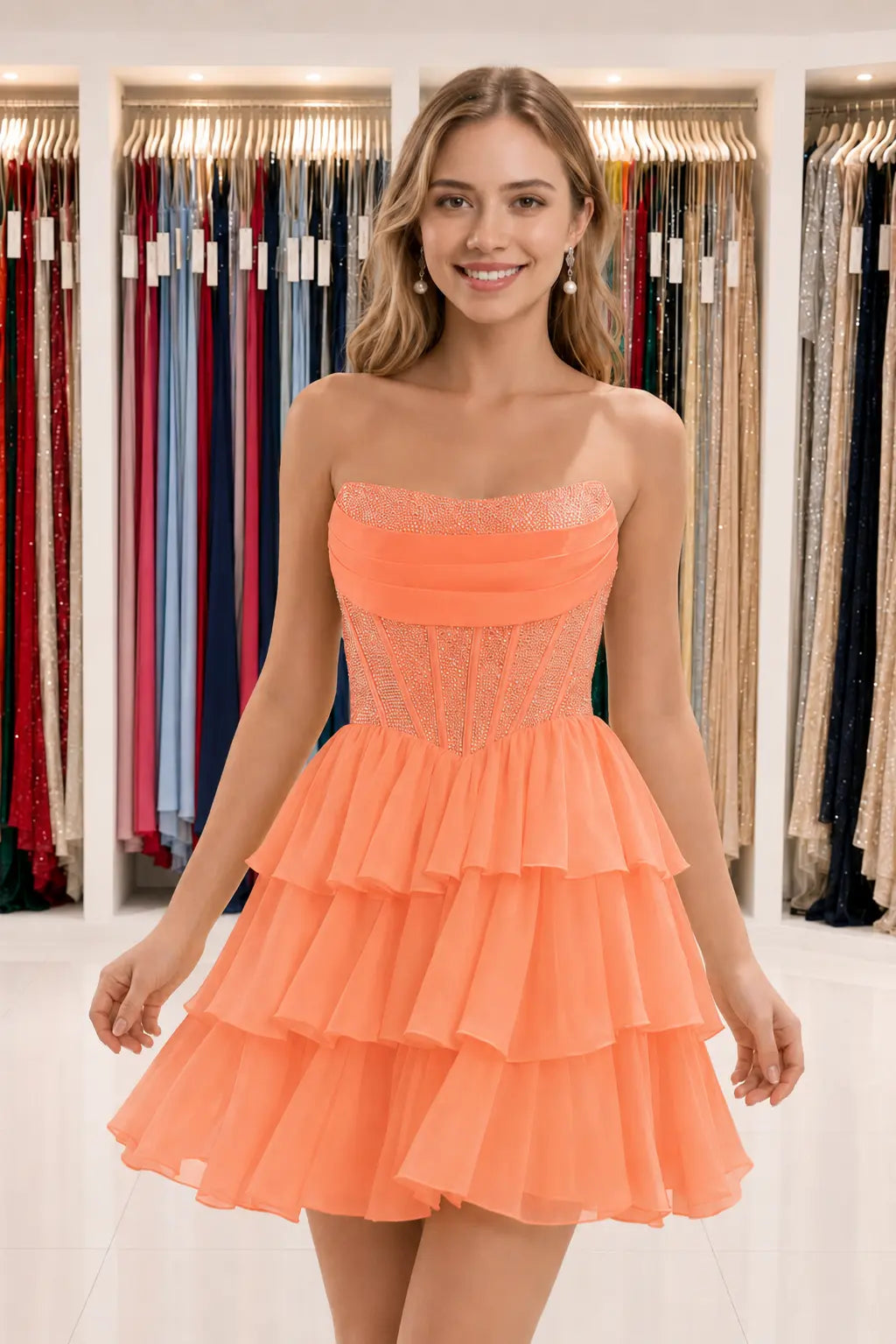 Daffodil Strapless Corset Tiered Ruffle Mini Homecoming Dress With Beading KAIDRESS