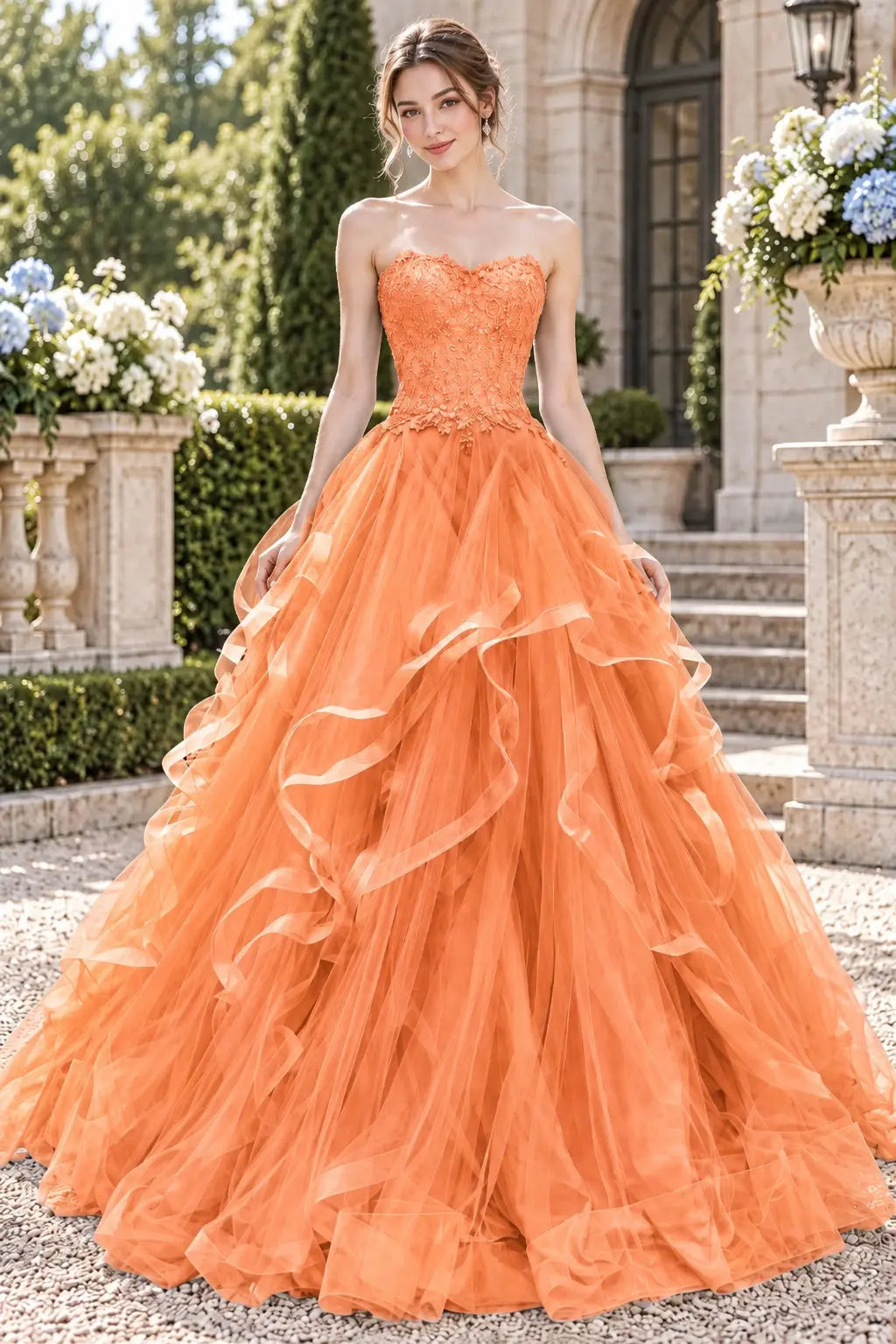 Blue Tulle Lace Long Prom Dresses Princess Layered Formal Evening Gowns