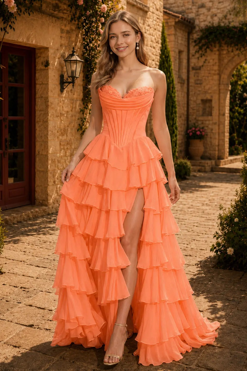 A Line Blue Sweetheart Chiffon Ruffled Long Corset Prom Dress with Slit KAIDRESS