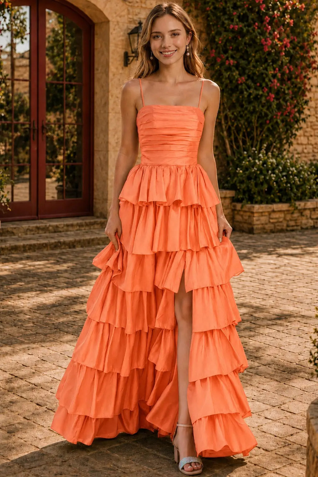 A-line Square Neckline Spaghetti Straps Floor-Length Taffeta Prom Dress with Ruffles Slit KAIDRESS