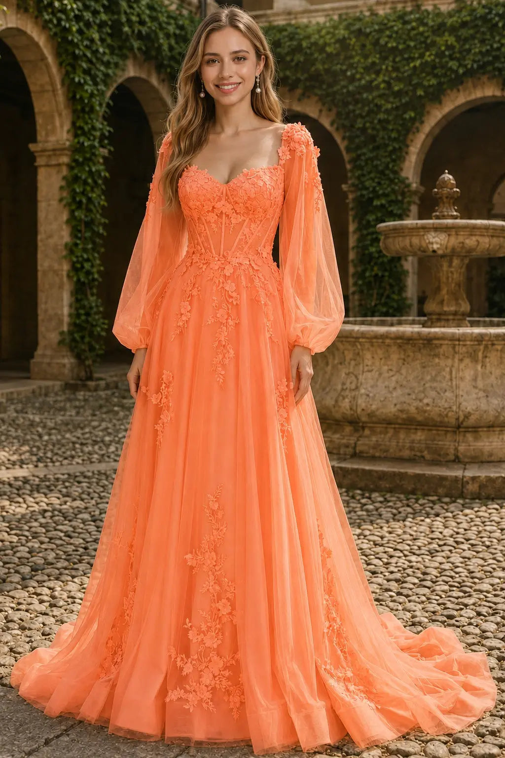 A-line 3D Floral Lace Applique Tulle Long Sleeves Prom Dress