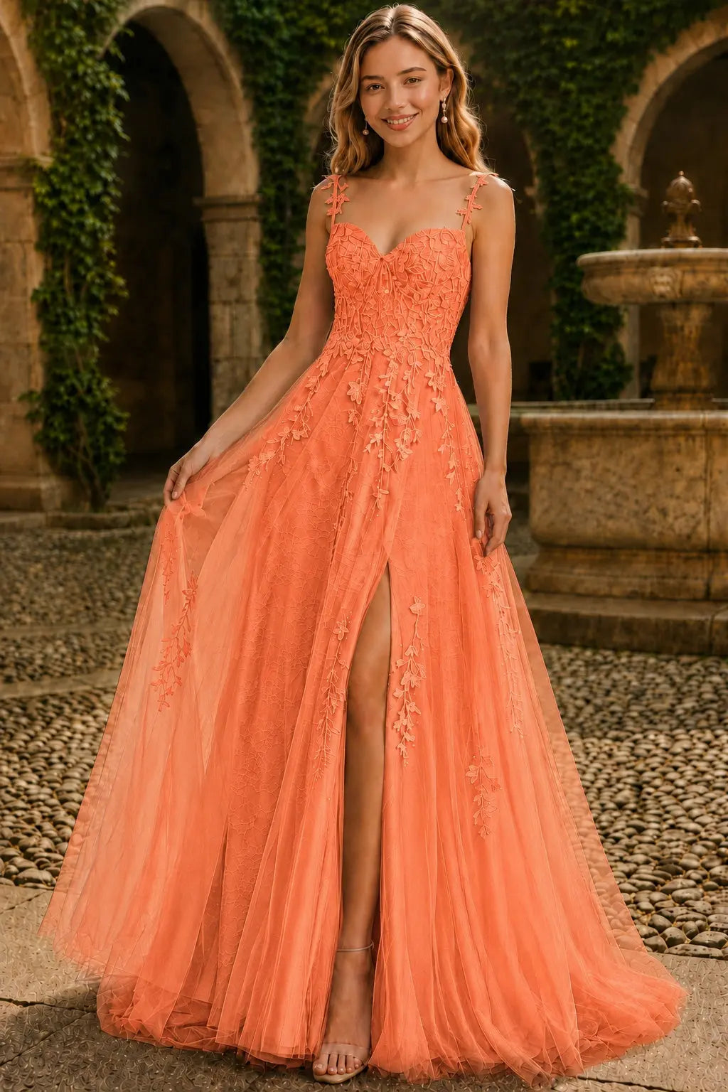 A-line V Neck Sweep Spaghetti Straps Train Tulle Prom Dress with Appliqued Beading