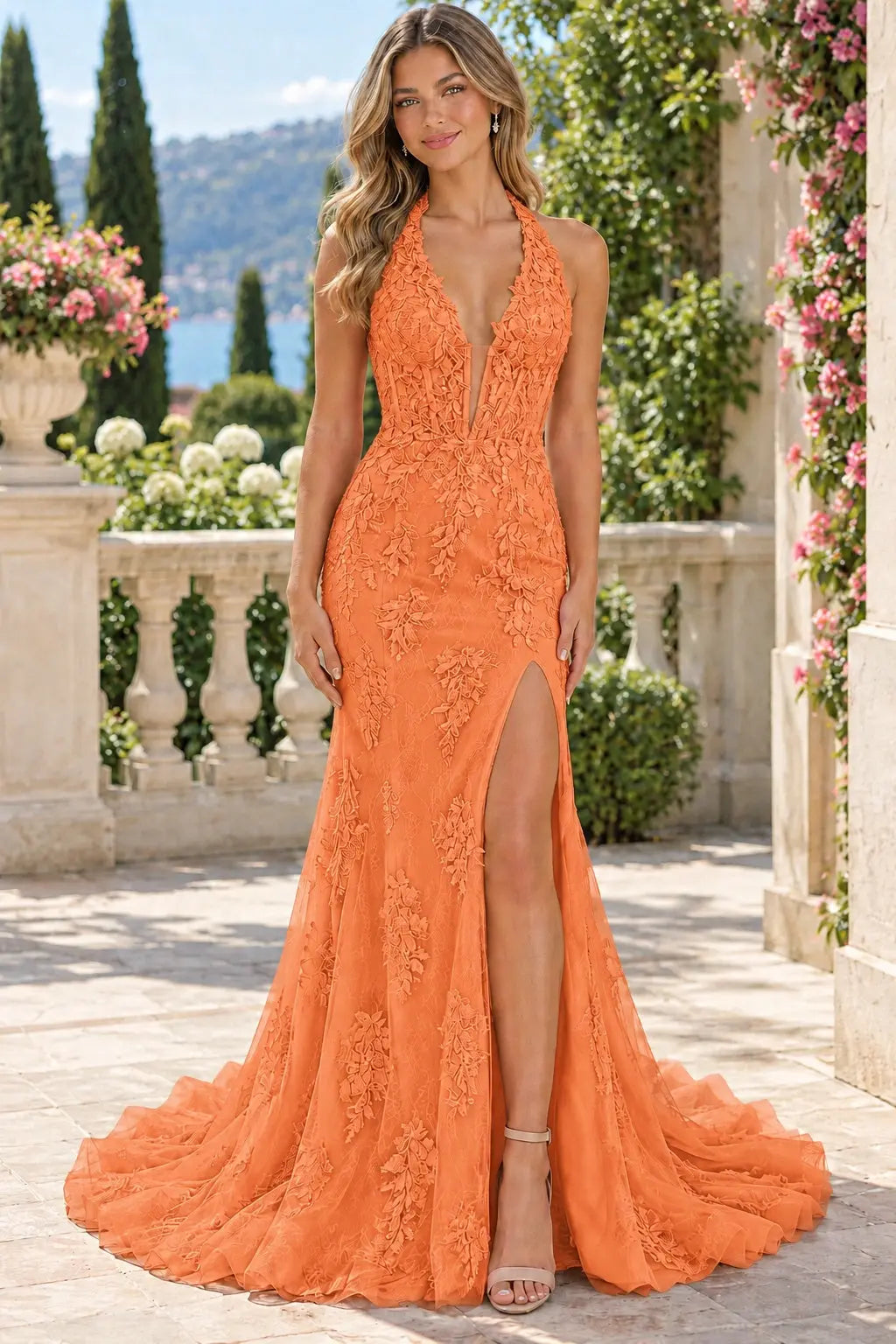 Trumpet/Mermaid V-Neck Tulle Lace Sleeveless Long Prom Dress
