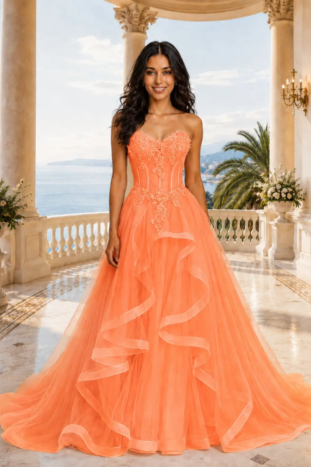 A-line/Princess Sweetheart Sleeveless Sweep Train Tulle Prom Dresses With Beading Appliqued KAIDRESS