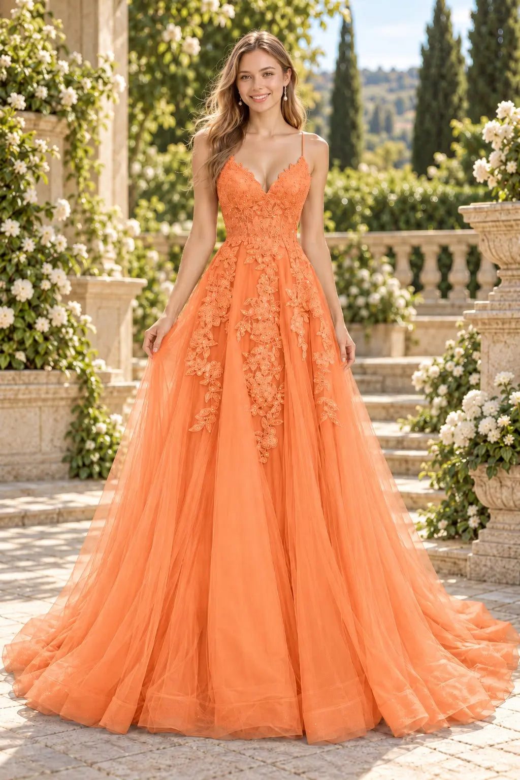 A-line V Neck Spaghetti Straps Sweep Train Tulle Prom Dress With Appliqued