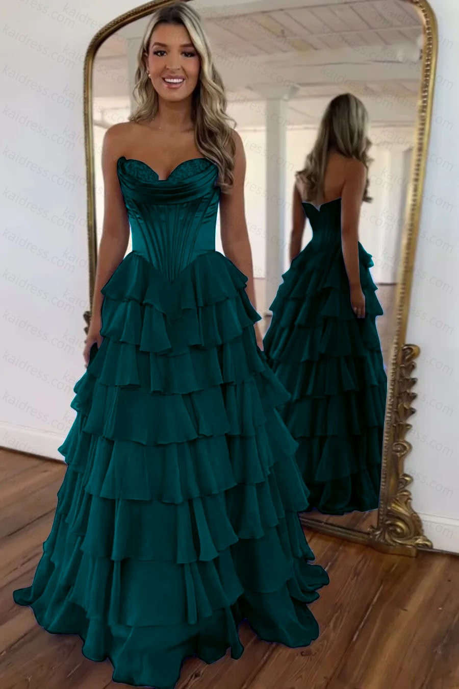 A Line Blue Sweetheart Chiffon Ruffled Long Corset Prom Dress with Slit